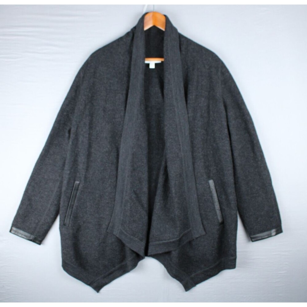 White Label White Company Open Cardigan Women 12 Open 100% Wool Leather Trim